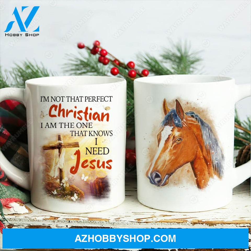 Wooden cross, Mountain peek, Horse drawing, I am the one that knows I need Jesus - Jesus White Mug