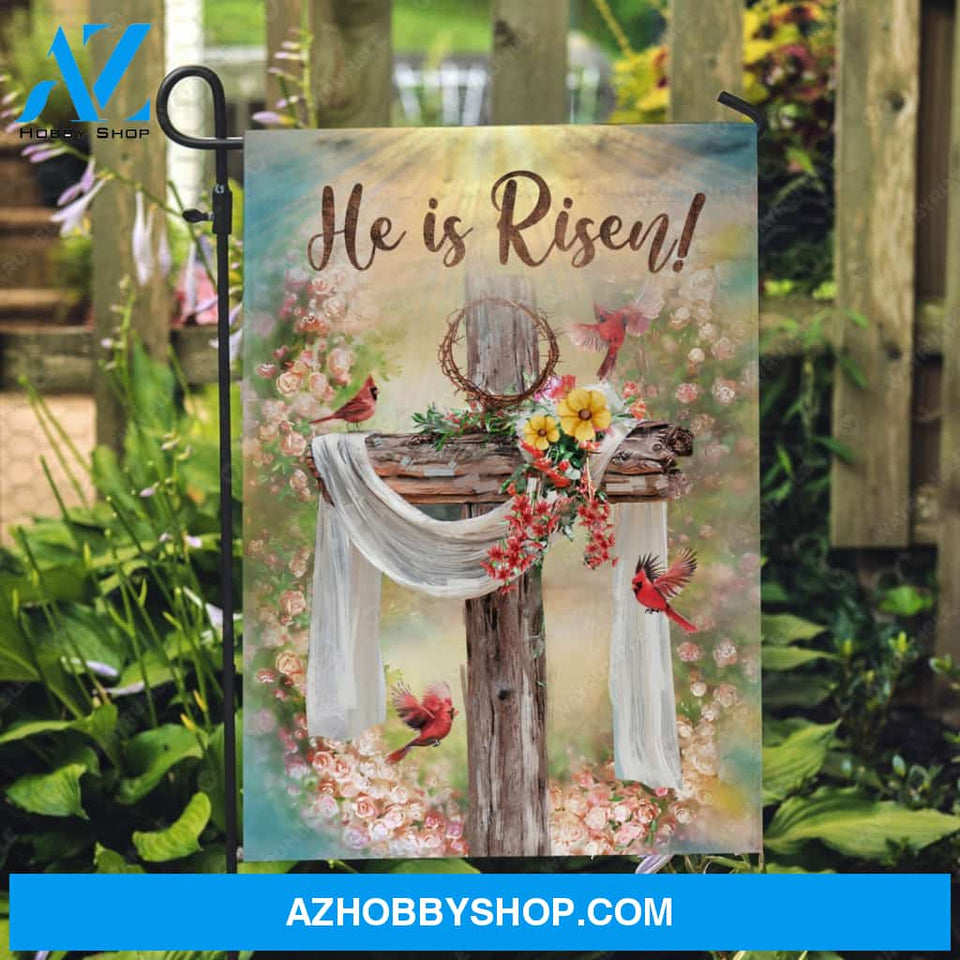 Wooden cross, Red cardinal, Rose garden, Crown of thorn, He is risen - Jesus Flag