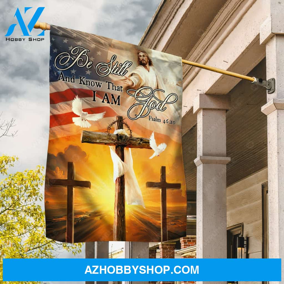 Wooden crosses, Flying doves, Jesus drawing, USA flag, Be still I am God - Jesus Flag