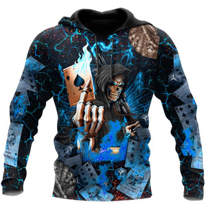 Unisex Hoodie All Over Print Skull Gifts Poker Skulls On The Blue Fire Unisex Hoodie