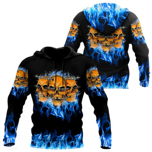 Unisex Hoodie All Over Print Skull Gifts Skull On Blue Fire Art Unisex Hoodie