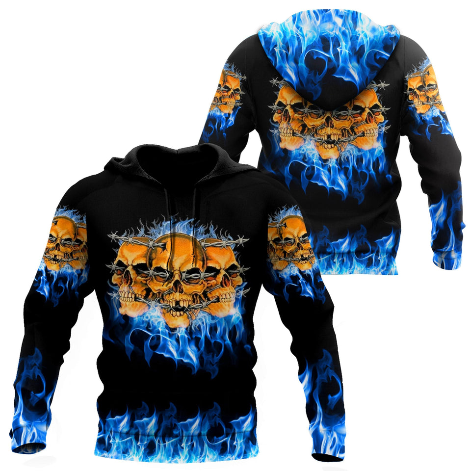 Unisex Hoodie All Over Print Skull Gifts Skull On Blue Fire Art Unisex Hoodie