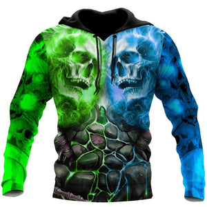 Unisex Hoodie All Over Print Skull Gifts Green Blue Fired Skull All Over Printed Unisex Hoodie