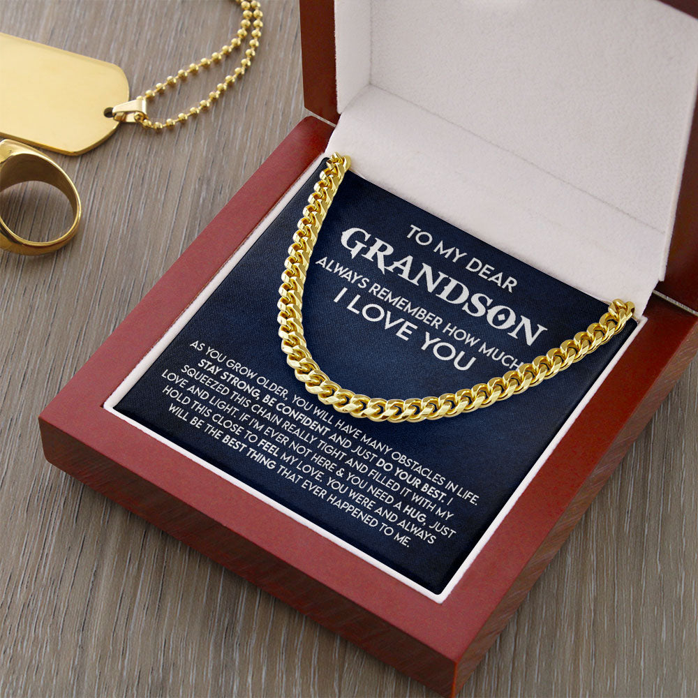 To My Dear Grandson Necklace Gift - Always remember how much I love you- Stay Strong, Be Confident and Just do your best Cuban Link Chain Necklace LX053C
