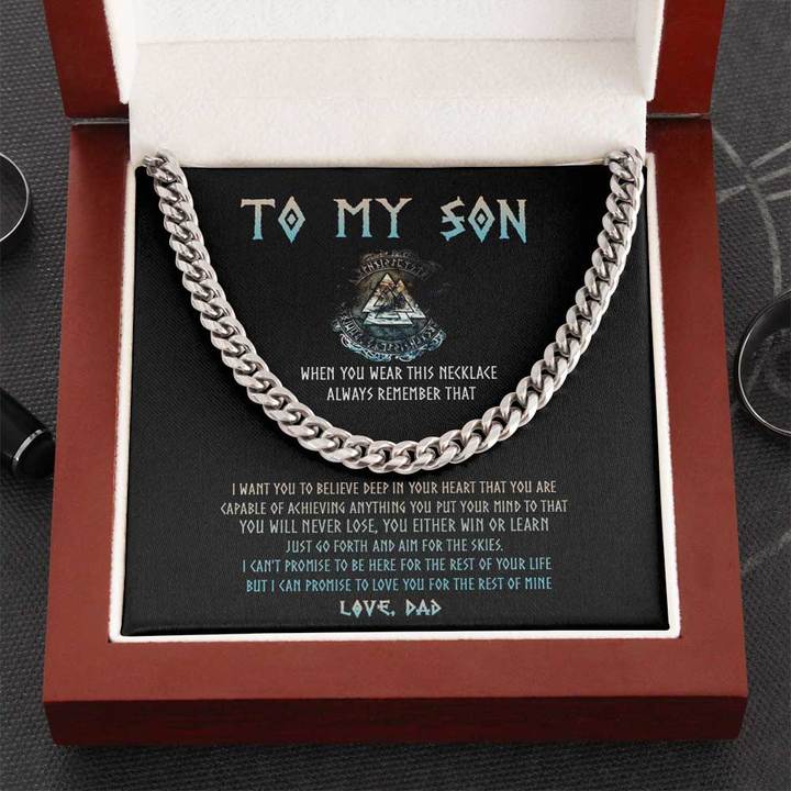 To My Son Necklace Gift - Viking Style You Will Never Lose, You Either Win Or Learn Just Go Forth and Aim For The Skies Cuban Link Chain Necklace LX344B