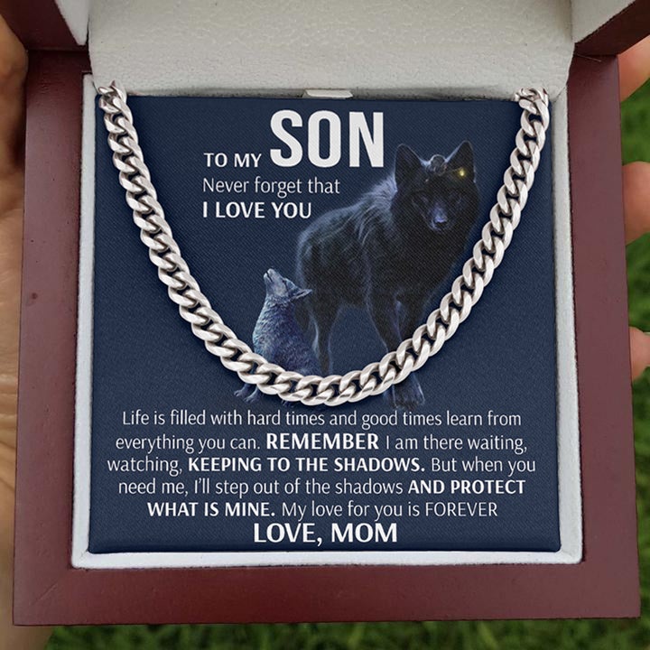 To My Son Necklace Gift From Mom - Wolf Necklace Keeping to the shadow When you need I'll Protect What Is Mine - Cuban Link Chain Necklace LX006C