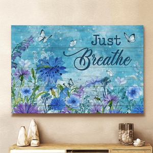 Blue Flower Garden Pretty Butterfly Spring Painting Just Breathe - Matte Canvas