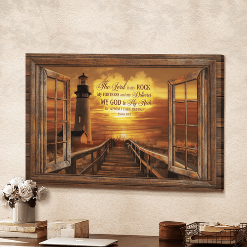 Light house Sunset painting My God is my rock In whom I take refuge - Matte Canvas