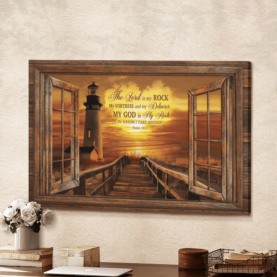Light house Sunset painting My God is my rock In whom I take refuge - Matte Canvas