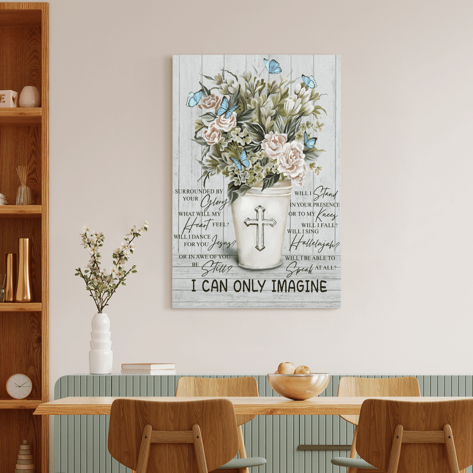 Jesus I can only imagine, Flower, Cross, Butterfly, Wood background - Matte Canvas