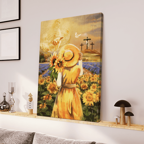 Beautiful girl, Sunflower field, Jesus hand, Cross symbol - Matte Canvas