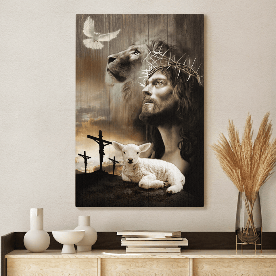 Jesus, Lion, Sheep, Cross, Dove - Matte Canvas