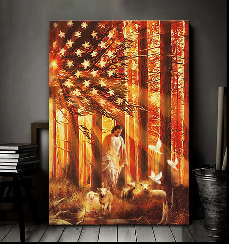 Jesus Walking with the lambs Sunset Flag Canvas And Poster, Wall Decor Visual Art