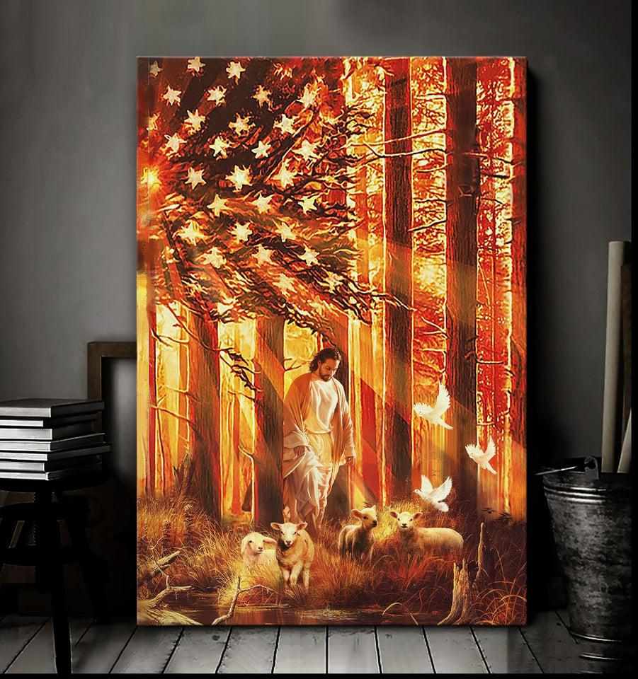 Jesus Walking with the lambs Sunset Flag Canvas And Poster, Wall Decor Visual Art