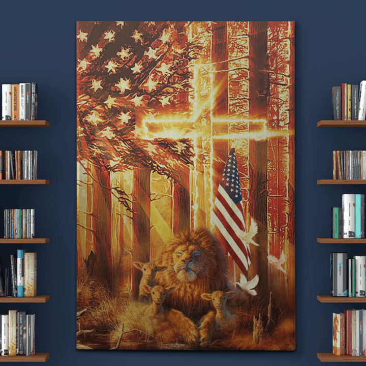 Amazing lion and lamb in the forest Canvas Wall Art, Wall Decor Visual Art