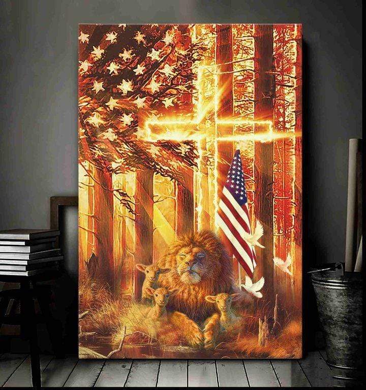 Amazing lion and lamb in the forest Canvas Wall Art, Wall Decor Visual Art