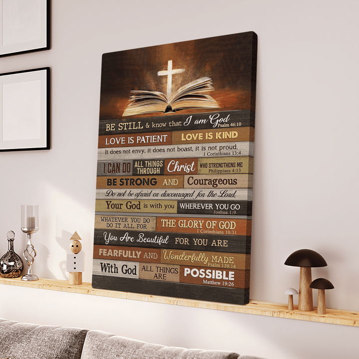 Jesus Bible with Cross Be still and know that I am God - Matte Canvas