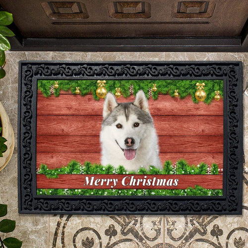 Christmas Barnwood Siberian Husky Doormat
