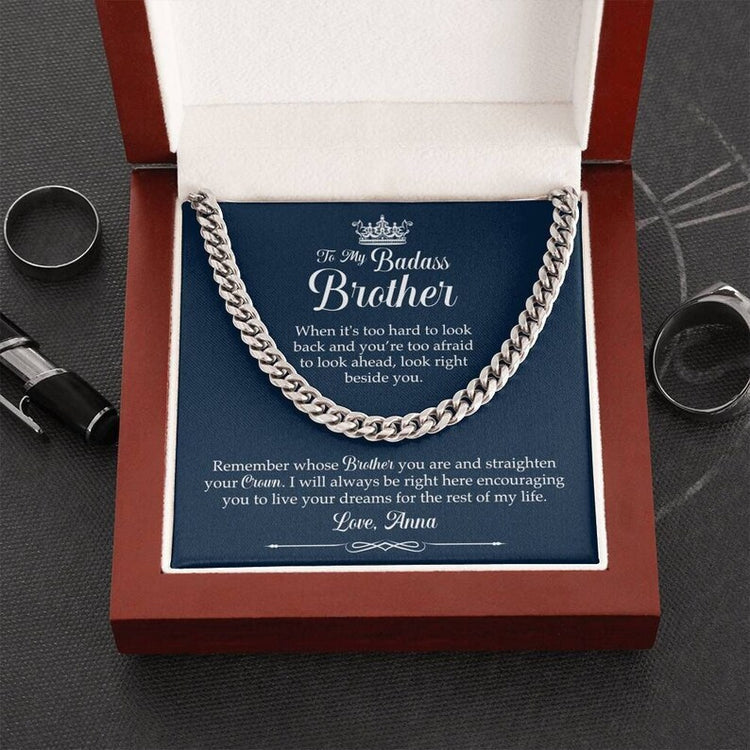 To My Badass Brother Necklace - Straighten Your Crown, Necklace Gift for Badass Brother, Cuban Link Chain Necklace - TGV
