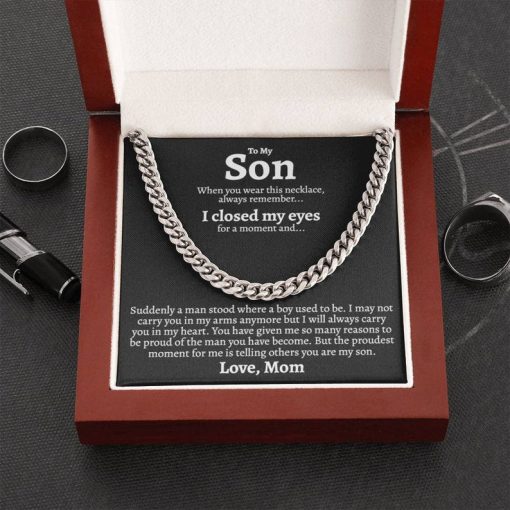 To My Son Necklace I will always carry you in my heart Love, Mom Cuban Link Chain Necklace 340M - TGV