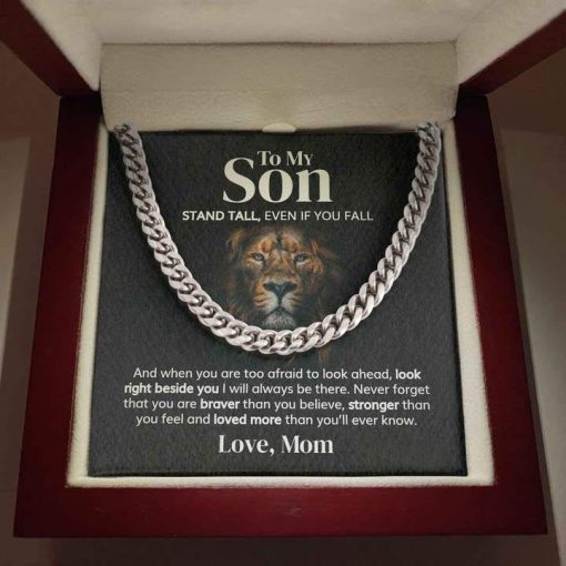 To My Son - Stand tall, even if you fall from Mom - Personalized Cuban Link Chain Necklace - TGV