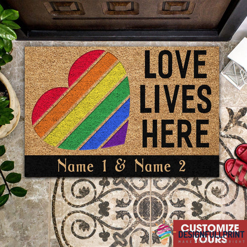 LGBT Pride Gift Idea LGBT Pride Love Lives Here Personalized Non-Slip Rubber Backing Doormat Or Coir Doormat NHD
