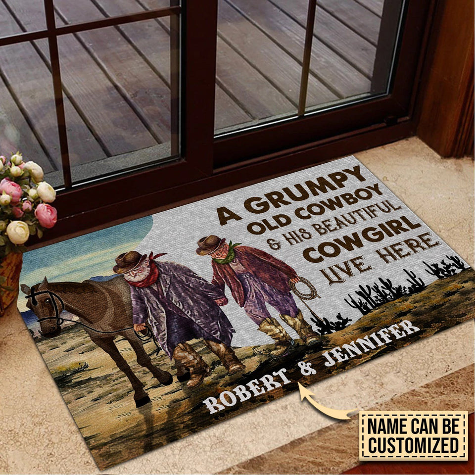 The Old Cowboy And His Beautiful Cowgirl Live Here Lie Here Personalized Non-Slip Rubber Backing Doormat HG