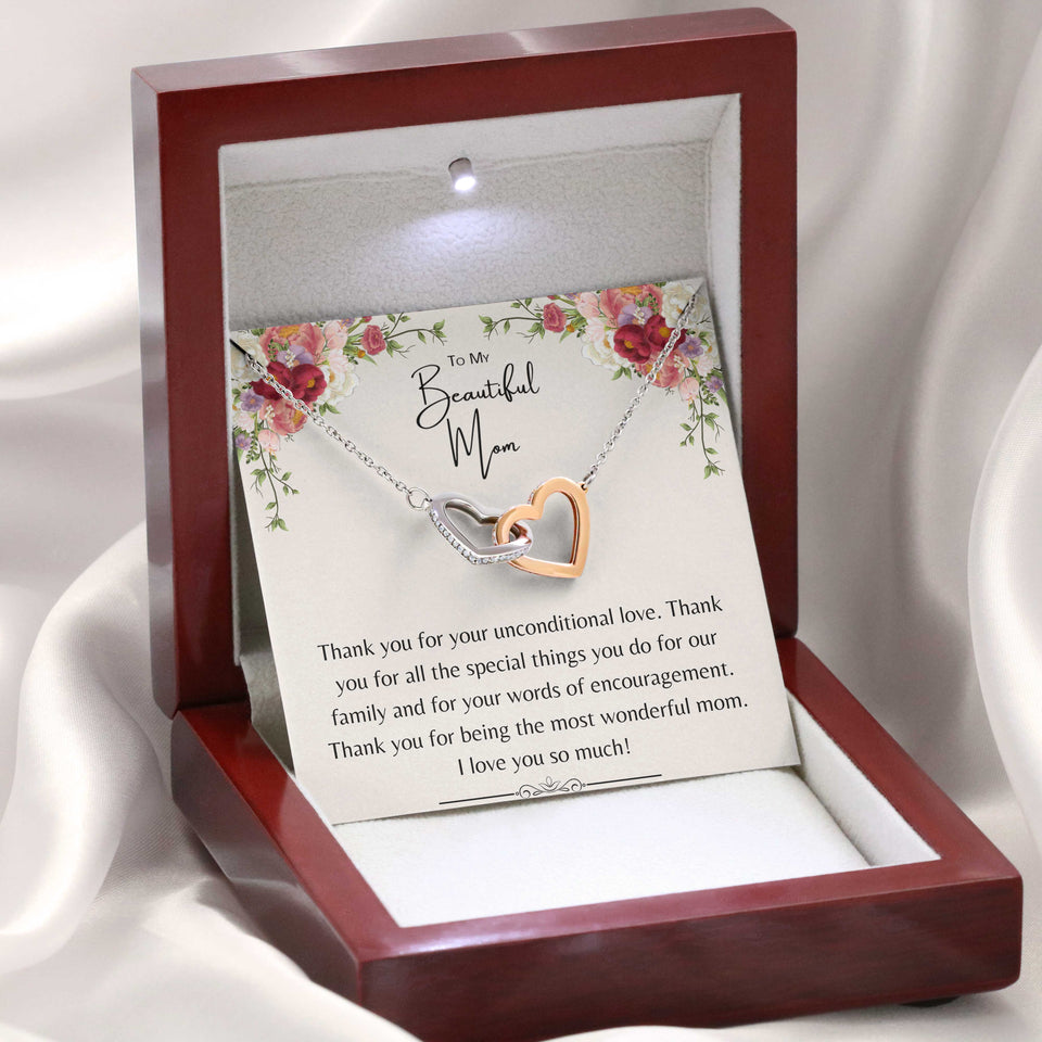 To My Beautiful Mom Necklace From Daughter, Son - I Love You So Much Gift for Birthday, Necklace for Mom, Interlocking Hearts Necklace