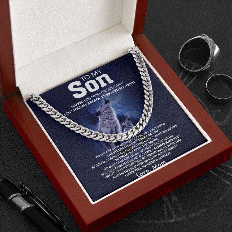 To My Son Necklace Gift From Mom Dad - No one else will ever know the strength of my love for you - Wolf Wolves Necklace Cuban Link Chain Necklace 070B - TGV