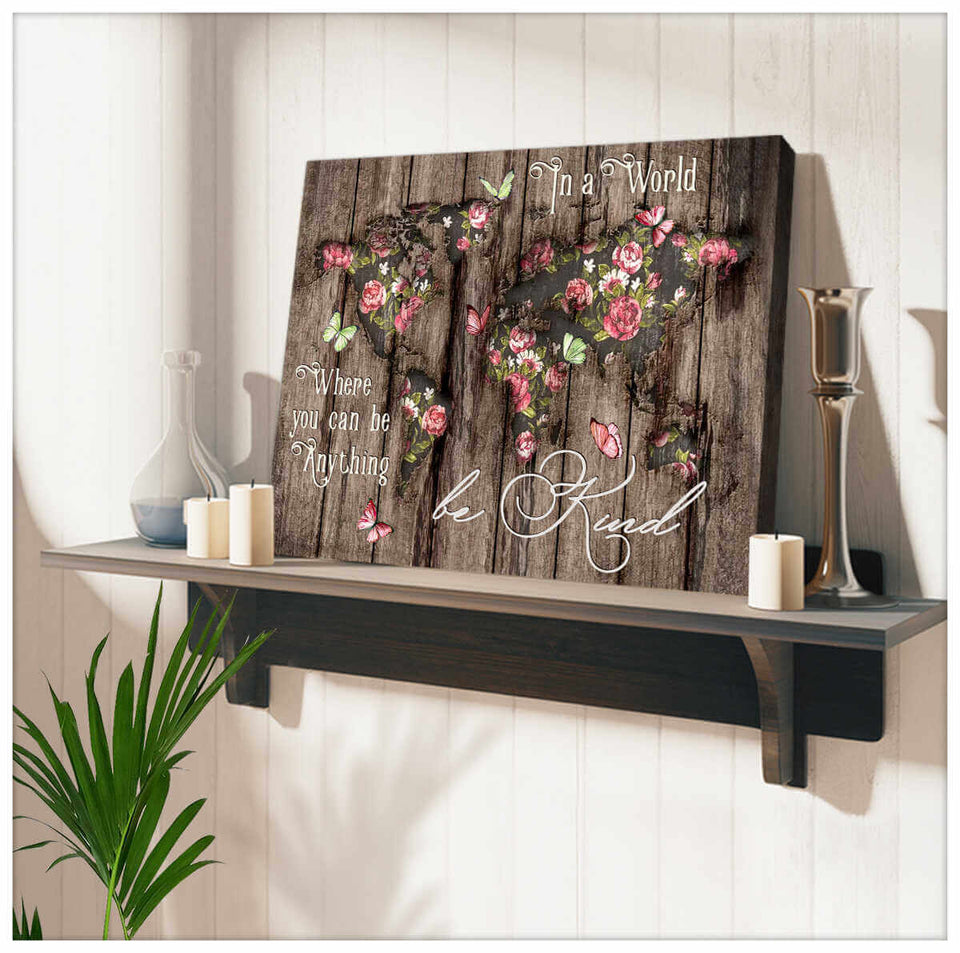 Wood World Map Butterfly Canvas Wall Art