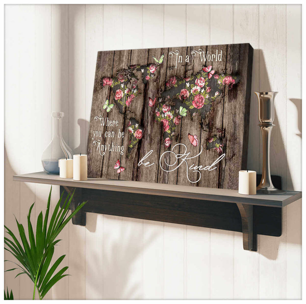 Wood World Map Butterfly Canvas Wall Art