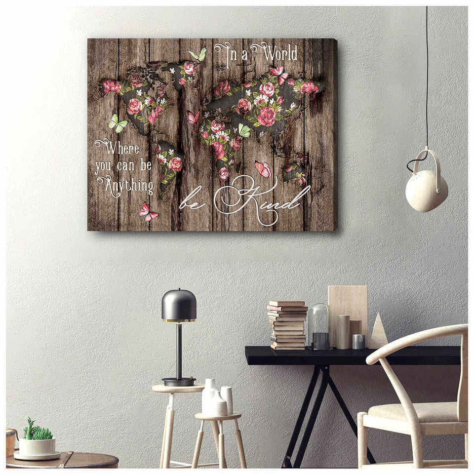 Wood World Map Butterfly Canvas Wall Art
