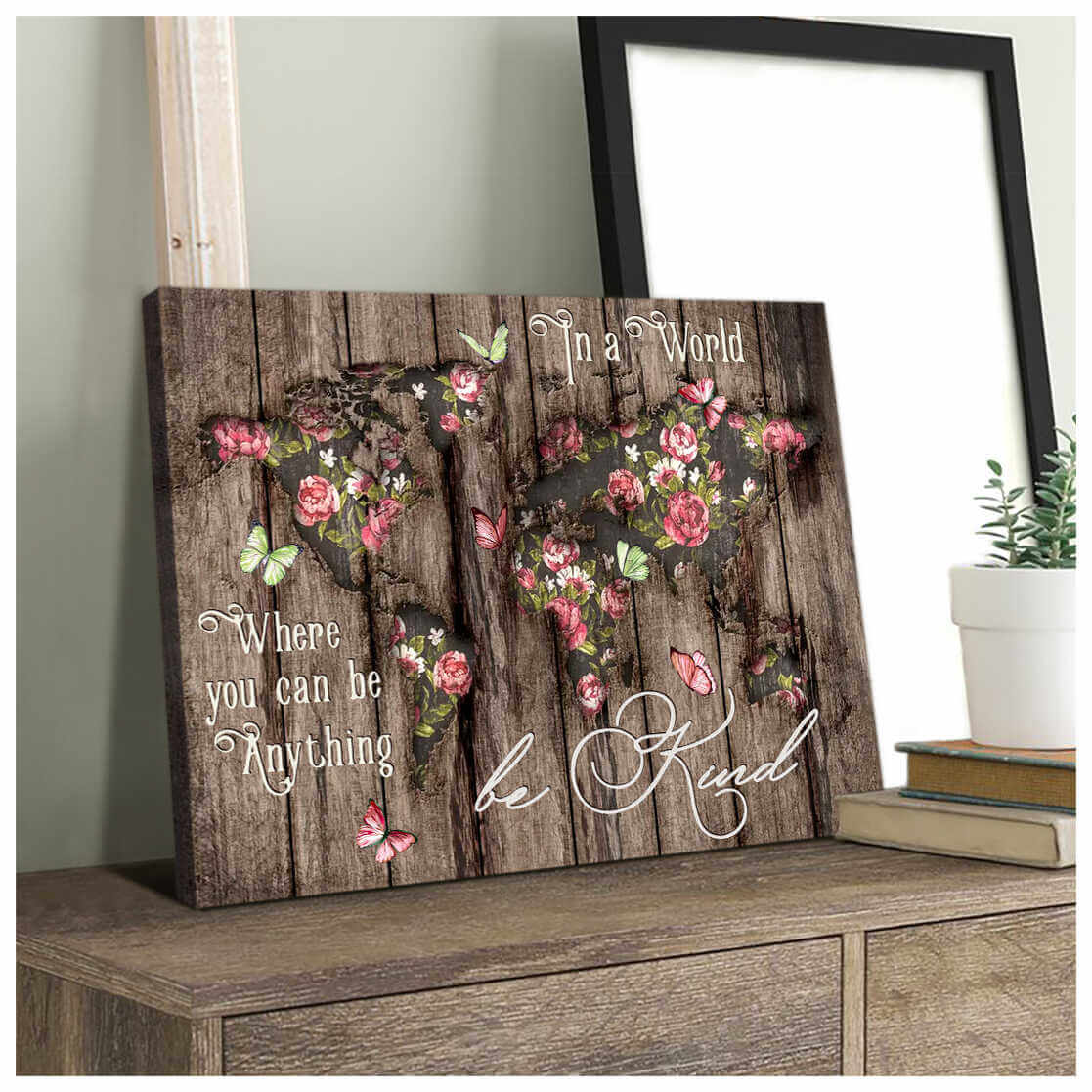 Wood World Map Butterfly Canvas Wall Art