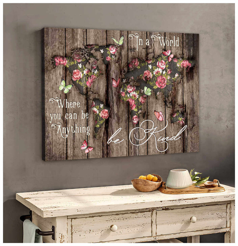 Wood World Map Butterfly Canvas Wall Art