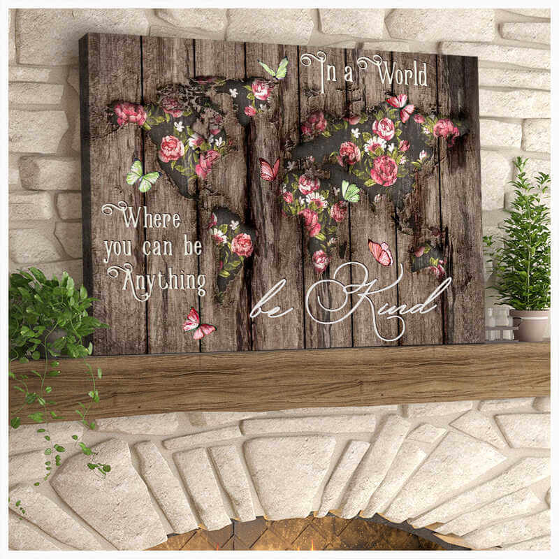 Wood World Map Butterfly Canvas Wall Art