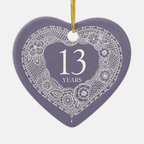 13 Years Lace Anniversary Heart Photo Ceramic Ornament