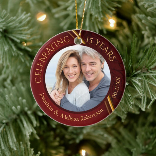 15Th Or 40Th Anniversary Photo Ruby Red Gold  Ceramic Ornament