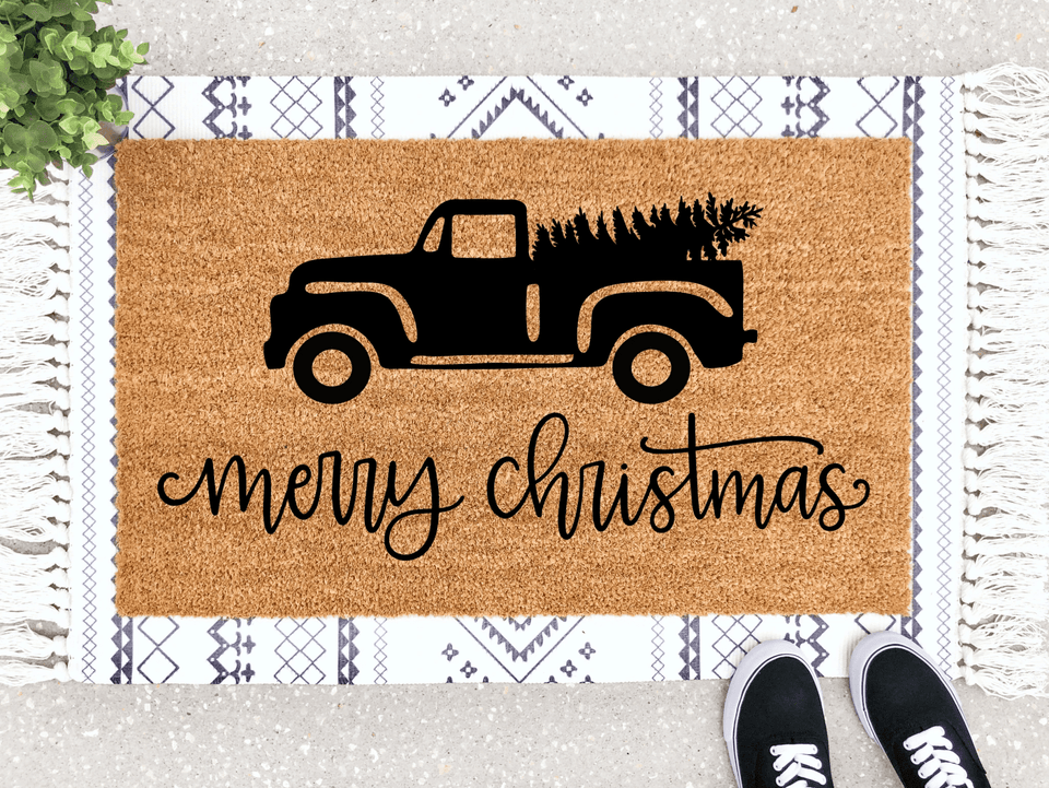 Outdoor Mat- Merry Christmas Delivery Black Truck Doormat Home Decor
