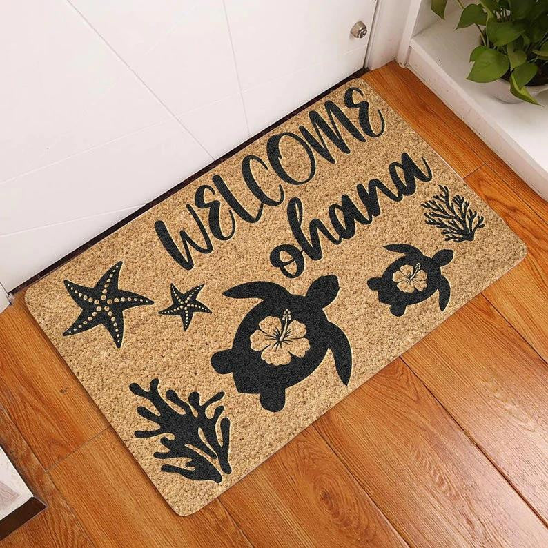 Outdoor Mat- Welcome Ohana Tropical Hibiscus Pattern Turtle Doormat Home Decor