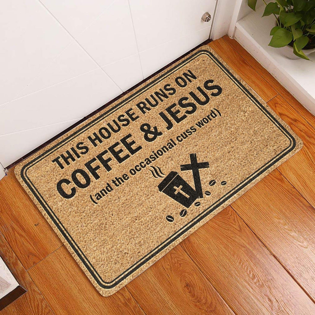 Outdoor Mat- This House Runs On Coffee And Jesus Cross Pattern Doormat Home Decor