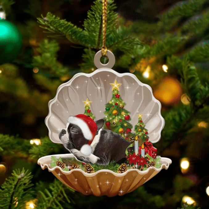 Cute Boston Terrier Sleeping in Pearl Dog Christmas Ornament Flat Acrylic