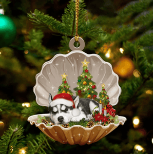 Cute Siberian Husky Sleeping in Pearl Dog Christmas Ornament Flat Acrylic