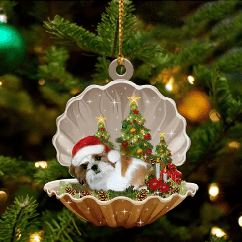 Cute Gold White Shih Tzu Sleeping in Pearl Dog Christmas Ornament Flat Acrylic