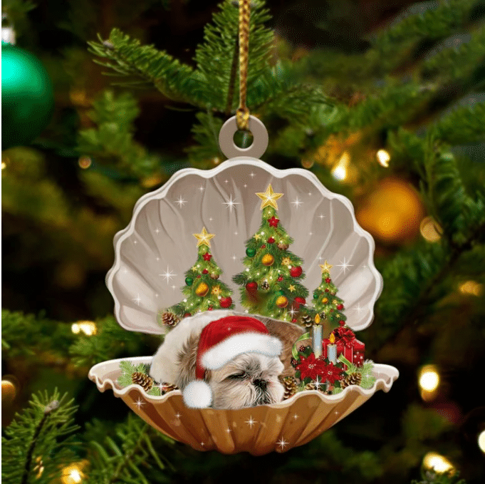 Cute Shih Tzu Sleeping in Pearl Dog Christmas Ornament Flat Acrylic