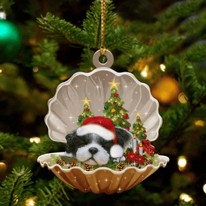 Cute Black White Shih Tzu Sleeping in Pearl Dog Christmas Ornament Flat Acrylic