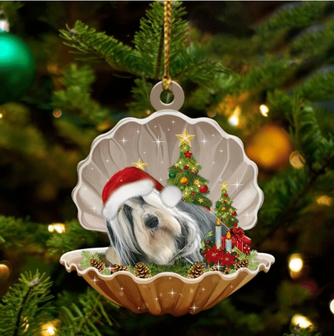 Cute Bearded Collie Sleeping in Pearl Dog Christmas Ornament Flat Acrylic