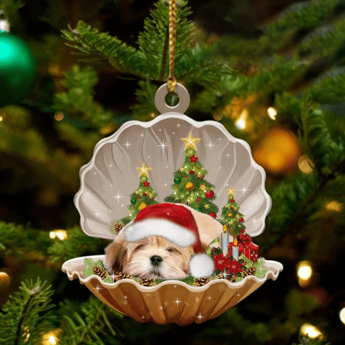 Cute Lhasa Apso Sleeping in Pearl Dog Christmas Ornament Flat Acrylic