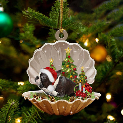 Cute Boston Terrier Sleeping in Pearl Dog Christmas Ornament Flat Acrylic