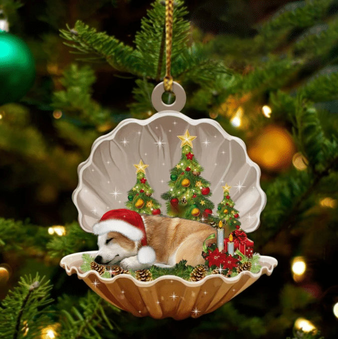 Cute Corgi Sleeping in Pearl Dog Christmas Ornament Flat Acrylic