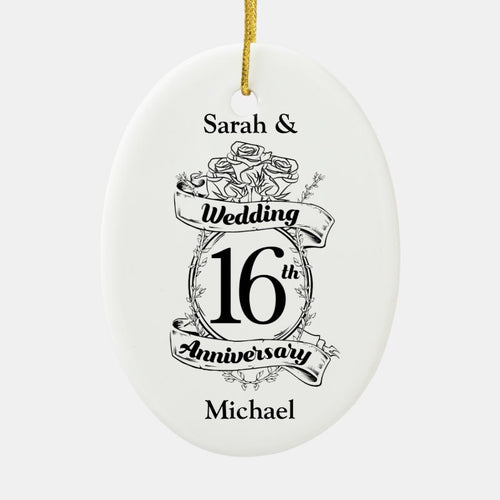 16Th Wedding Anniversary Black And White Roses Ceramic Ornament